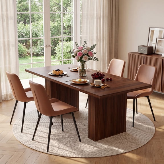 Hawsaiy Dining Table Set for 4, 78" Farmhouse Dining Table with 4 PU Leather Dining Chairs, Large Kitchen Table Set with Crossed Metal Leg Chairs for Dining Room(Walnut Brown)
