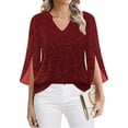 thumbnail image 2 of Gkeoshab Womens Tops Women's Bell Sleeve Top Double-Layer Silver Thread Wine Red XL, 2 of 4