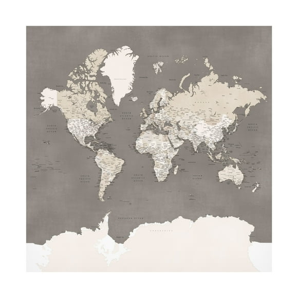 Canvas Wall Art - blursbyai 'Phuoc Detailed World Map In Brown' Wall Art for Living Room, Bedroom, or Office Décor by Trademark Fine Art - 14 x 14 Inches
