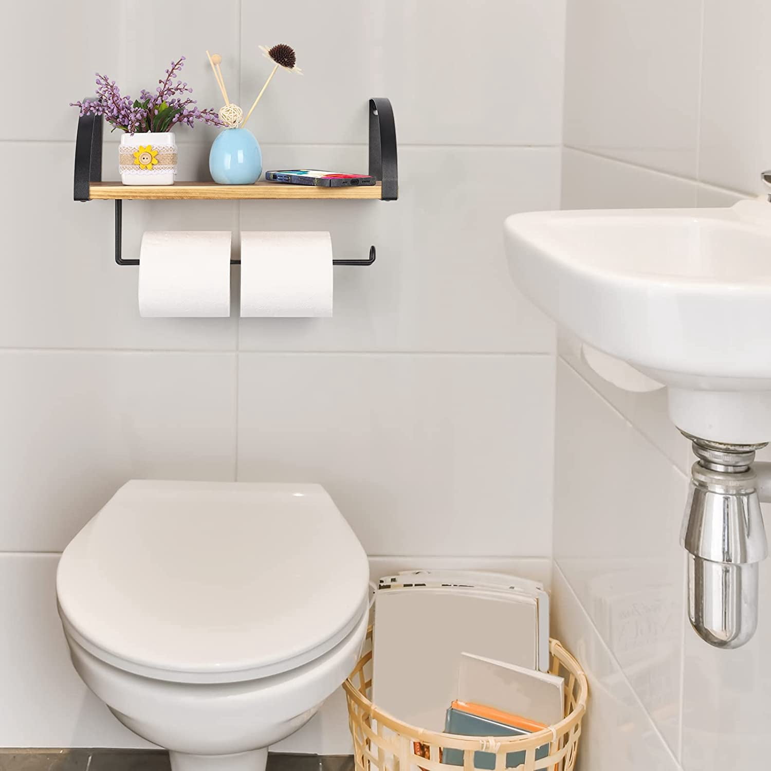 Wall Mounted Paper Towel Holder with Wood Shelf, Light Brown