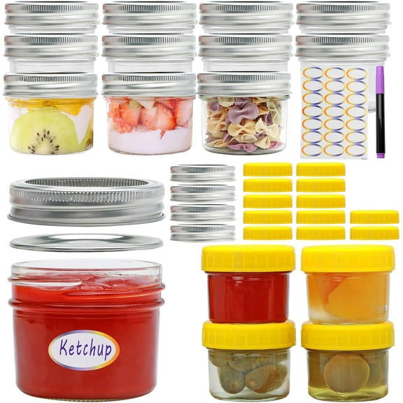 Mini Mason Jars, Canning Jars, 4oz Mason Jars with Silver and Yellow Lids for Honey, Jams,Jelly Seasonings, for Kitchen, Bathroom, Gift Giving, Pack of 16