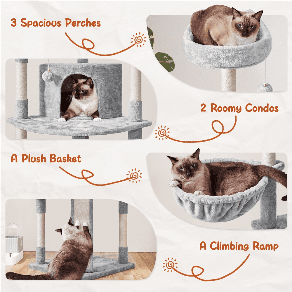 Alden Design 76"H Large Multilevel Cat Tree Tower with Condos and Perches, Light Gray