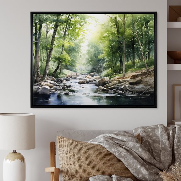 Designart "Hidden Gem Of The Forest II" Landscape Forest River Floater Framed Canvas Wall Art