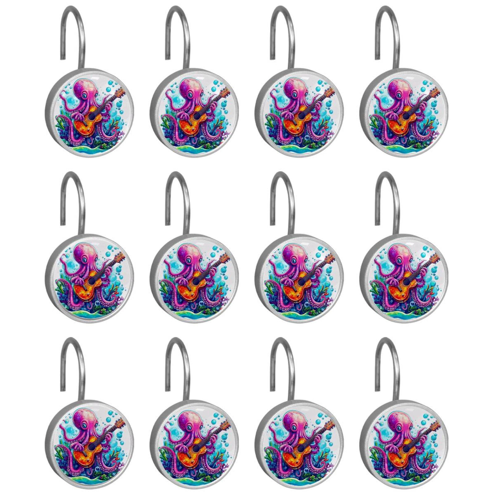 12pcs Decorative Shower Curtain Hooks, Rust Resistant Shower Rings for Bathroom Living Room,Rustproof Stainless Steel Rings for Shower Curtain and Liner Rods,Guitar Octopus