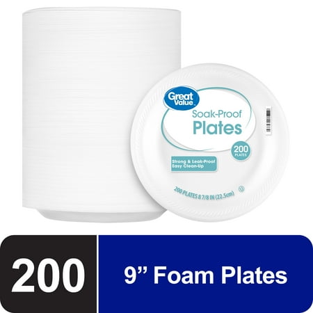 Great Value Soak-Proof Disposable Round Foam Plates, 9 in, 200 Count