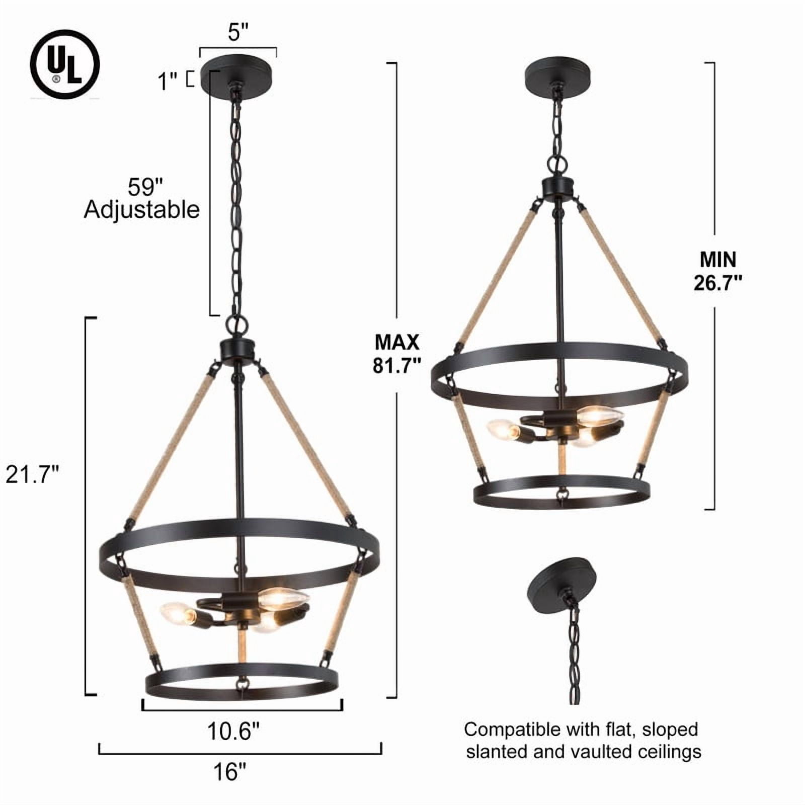 LNC Claunifer 3-Light Matte Black Farmhouse Pendant with Rope Accents