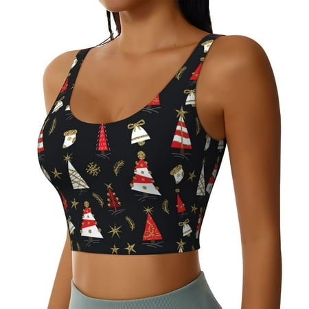 Haiem Christmas Tree and Gold Socks Pattern Womens Sports Bra - U Neck Padded Low Impact Yoga Bra Workout Crop Top Gym Moisture-Wicking Workout Vest -X-Large