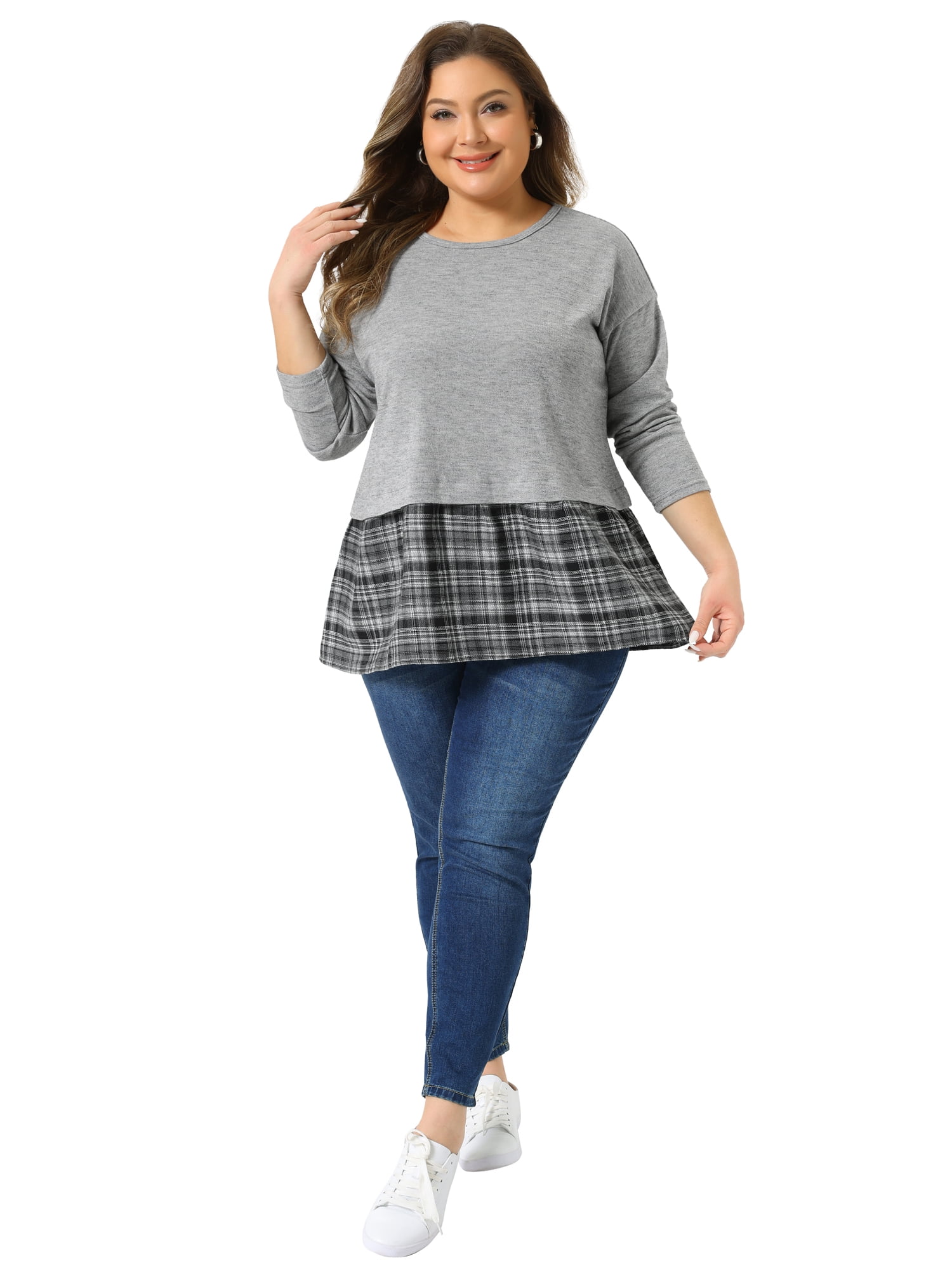 DARING DIVA Women's Plus Long Sleeve T Shirt Tops Patchwork Blouse 2X Grey