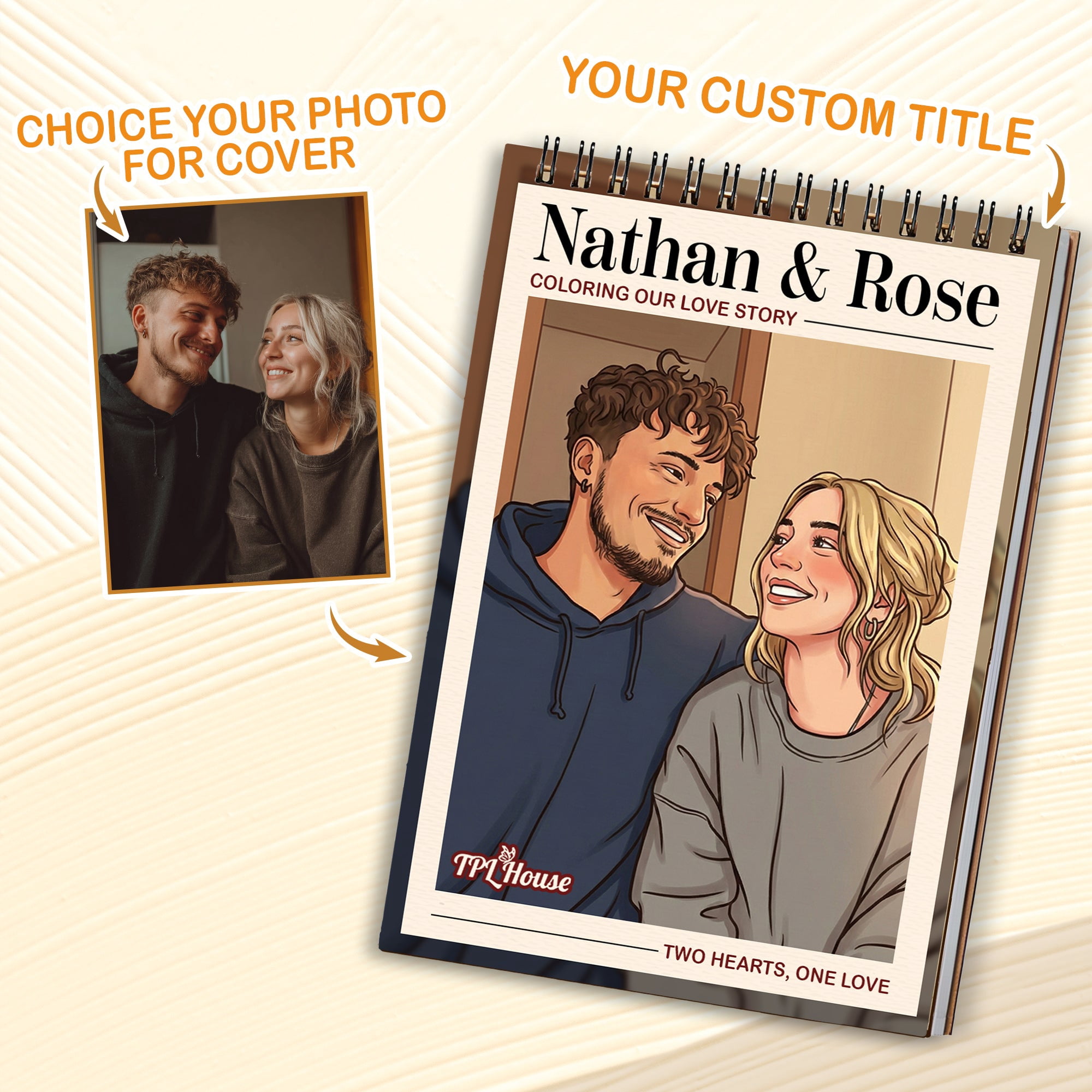 Personalized Couple Memory Coloring Book for Adults – Custom Coloring Pages from Your Photos , 12–48 Pages, Keepsake for Newlyweds, Premium Wooden Cover, Spiral Binding