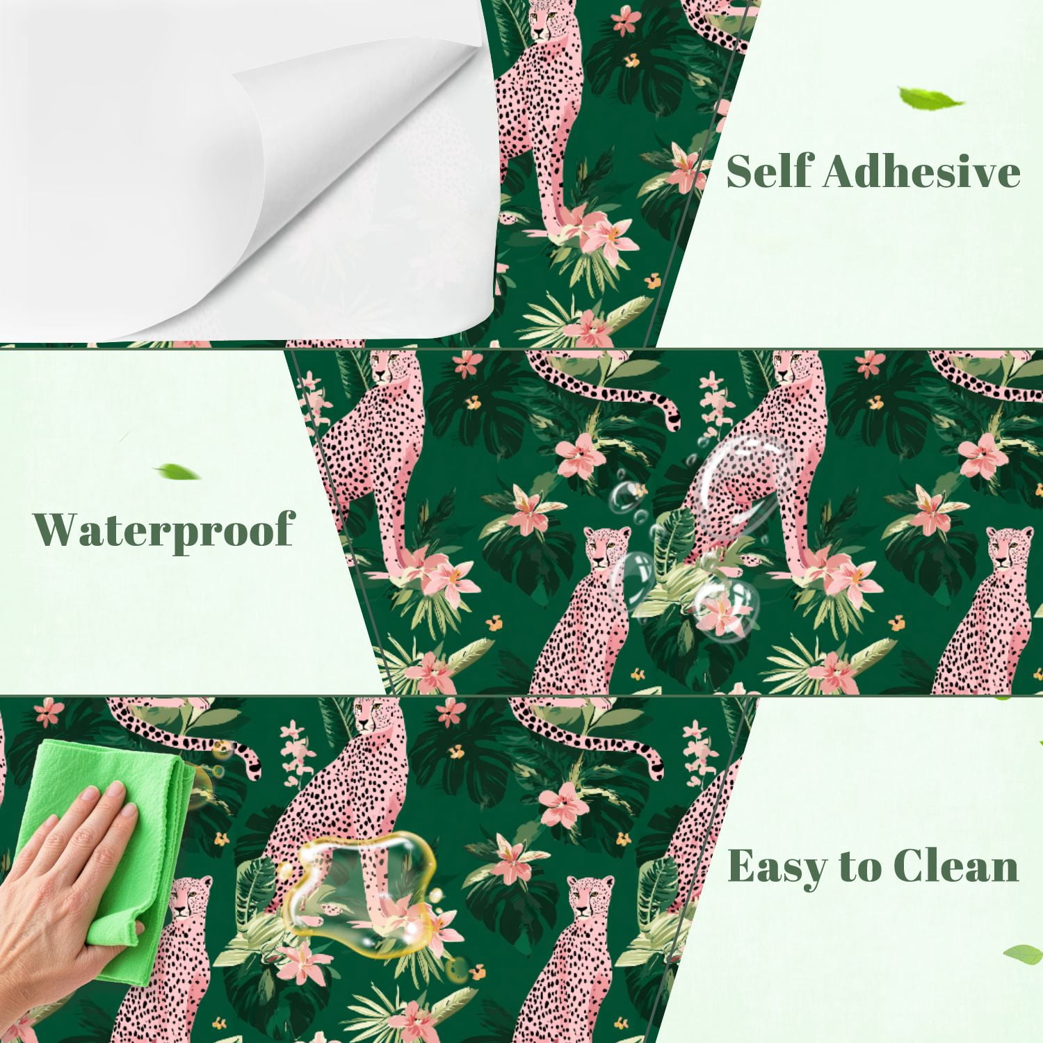 Peel and Stick Wallpaper seamless pink leopards flowers tropical leaves Trendy style 24in x 118in Contact Paper Removable Self Adhesive Wall Mural Wall Decor for Bedroom Kitchen Cabinets