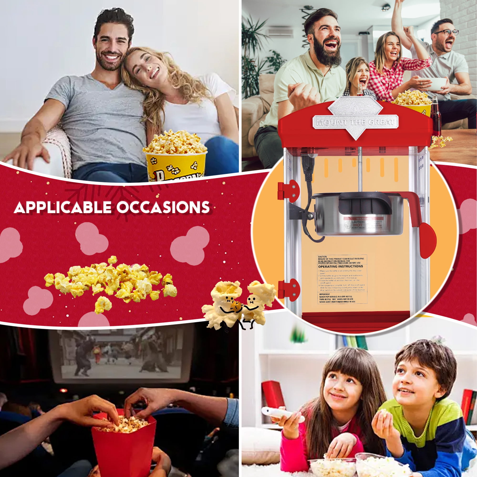 Yoneston 8 oz Commercial Countertop Popcorn Machine, 600W Kettle Popcorn Maker, Container Produces 2 Gallon per Cycle, Comes with 3 Ladles for Home Moive Parties, Red