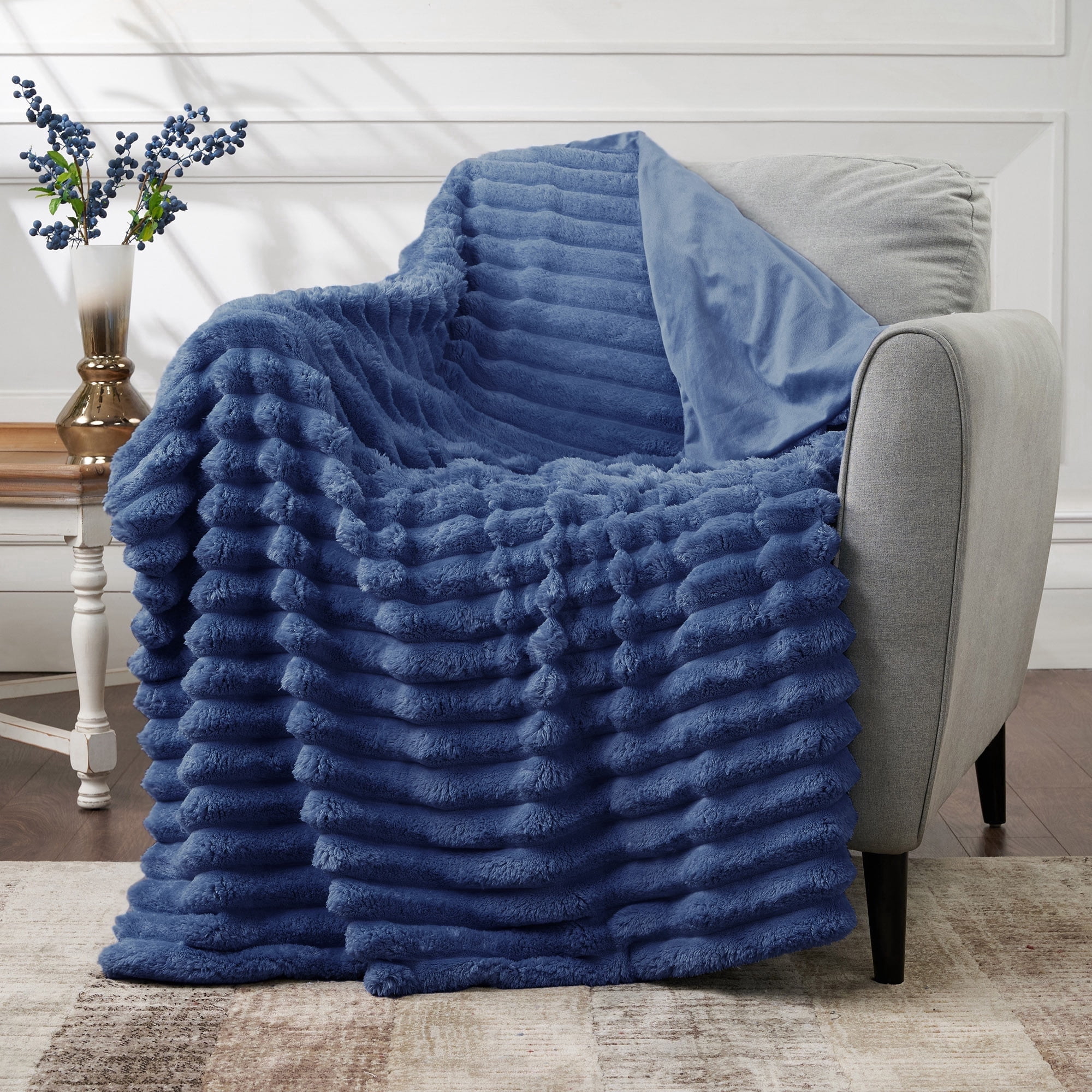 CBCHome Jumbo Velvet Plush Wide Ribbed Throw Blanket - Super Soft, Warm, Cozy Fluffy Throw for Couch, Bed, Sofa - All Season Décor (Dark Denim, 50" x 60")