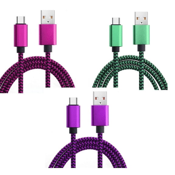 GJX 3 Pack 3ft Braided USB A To C Cable Fast Charging Cord Type C Green, Fuchsia, Purple