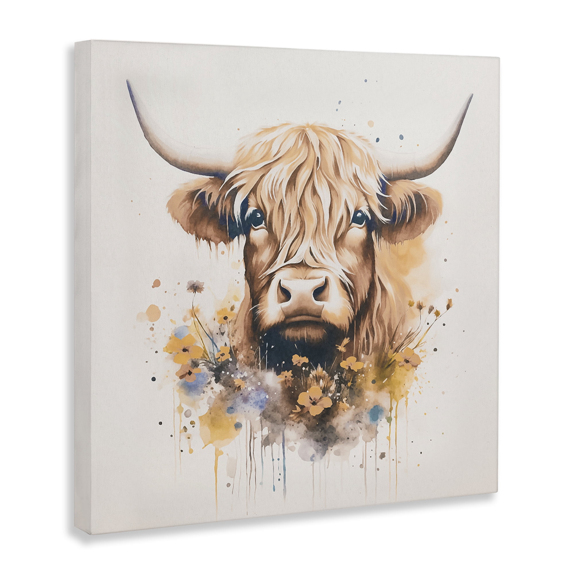 Stupell Industries Fancy Florals Highland Cow Animals Painting Wrapped Canvas Art Print Wall Art, 17 x 17