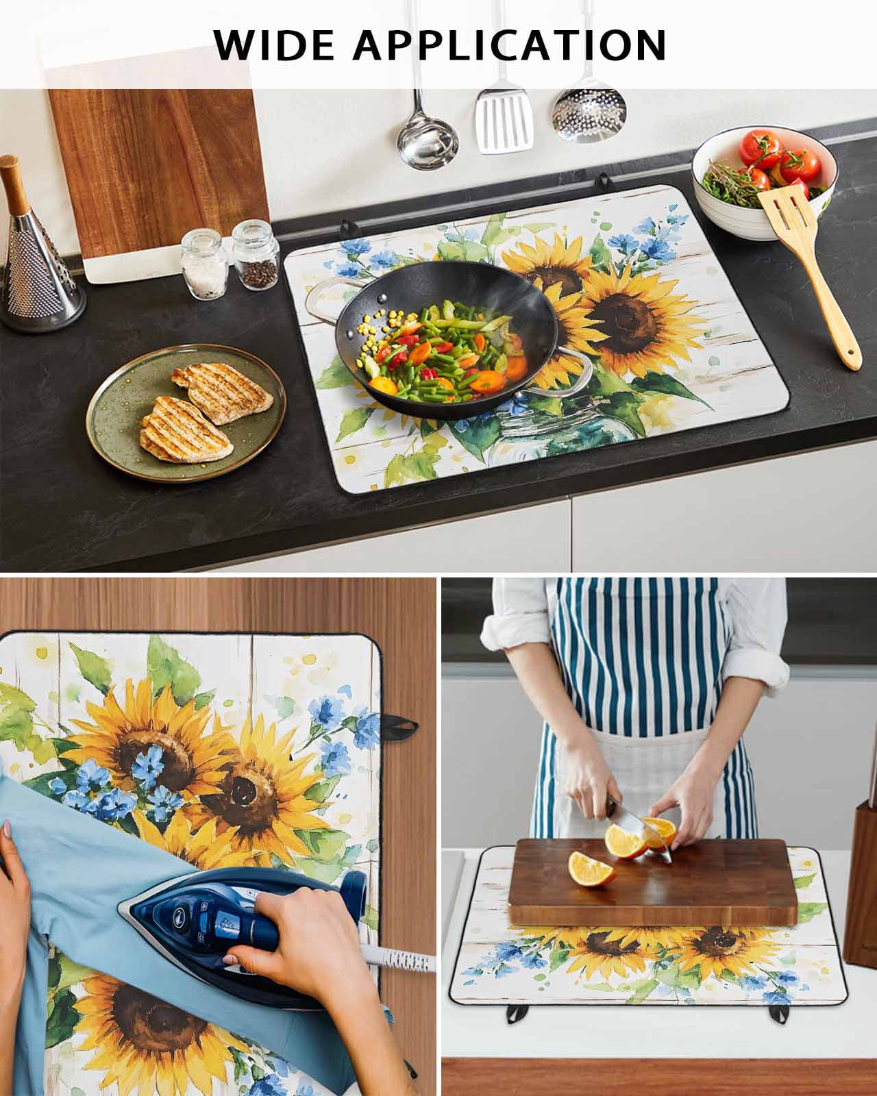 nqOlkjepod Large Induction Cooktop Protector Mat 24"x21", Sunflower Stove Top Covers for Electric Stove, Retro Country Garden Floral Blue Wildflower Stove Burner Cover Mats, Glass Top Stove Cover