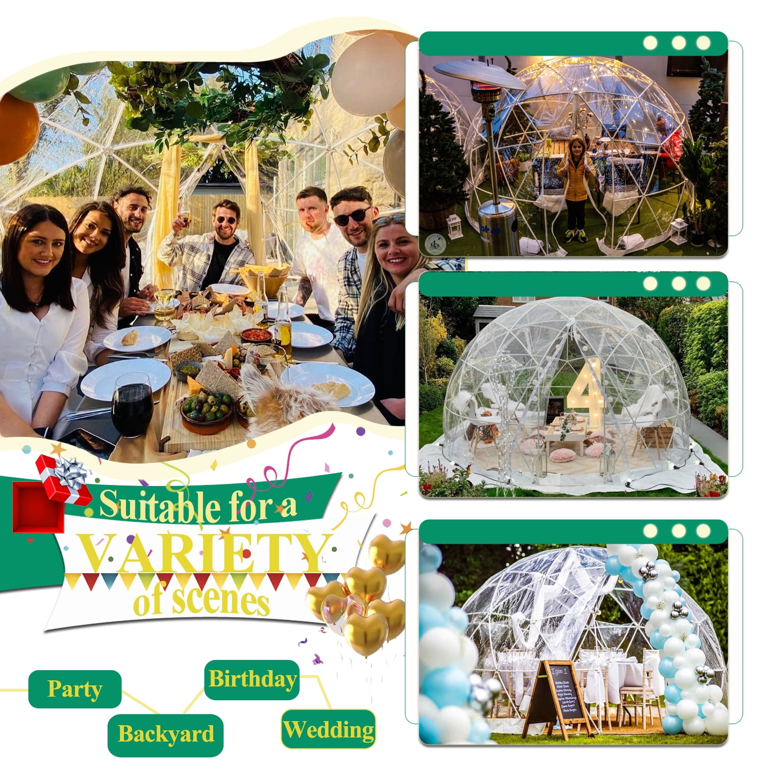 Garden Dome Tent 12FT Clear Tent Outdoor for Garden, Weather Proof Pod Camping Patio Tent for Backyard Canopy Gazebos Screen House Room Lean to Greenhouse