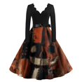 thumbnail image 2 of Halloween Dresses for Women Pumpkin Bat Long Sleeve 1950s Cocktail Classic Tea Length Dress V Neck Hepburn Fall Retro Dress with Belt 2XL, 2 of 5