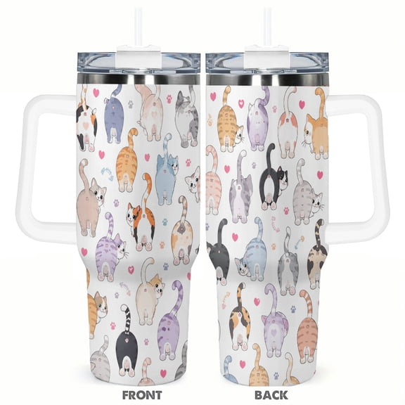 40oz Funny Cat Butt Insulated Tumbler with Handle and Straw Cute Kitty Travel Cup Gift for Cat Lovers