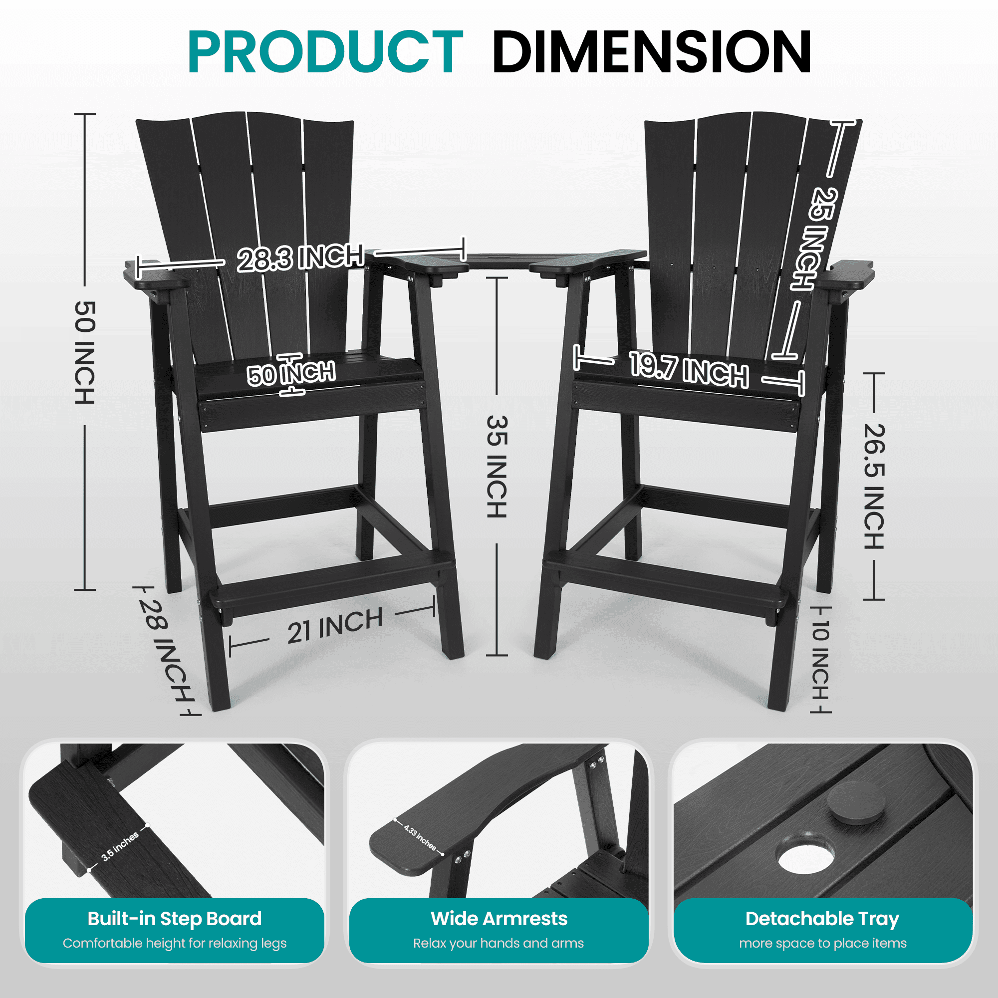 Naipo Tall Adirondack Chairs Set of 2,HDPE Outdoor All-Weather Bar Stool with Removable Connecting Tray Weather Resistant  Patio Furniture for Garden, Balcony, Porch, Pool, Black