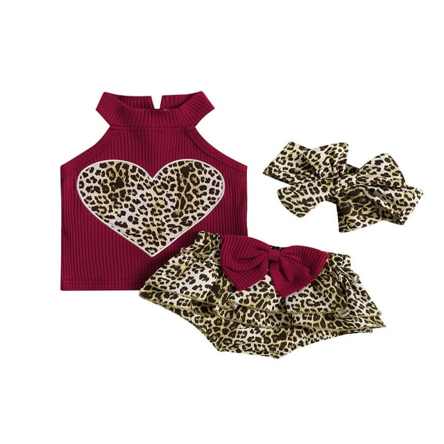 CNKOO Baby Girls Summer Outfit Leopard Print Heart Sleeveless Rib Knit Tank Tops Bow Ruffles Shorts Headband 3Pcs Clothes Set 6-9 Months