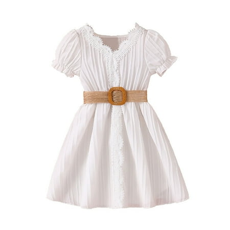 

Kids Girls Summer Solid Color Lace Hem V Neckline Puffed Sleeve Skirt Dress with Belt 2PC Suit Children s Clothing Shirt toddler Dress 4t Holiday Party Apparel Dresses Tween Dresses with Sleeves
