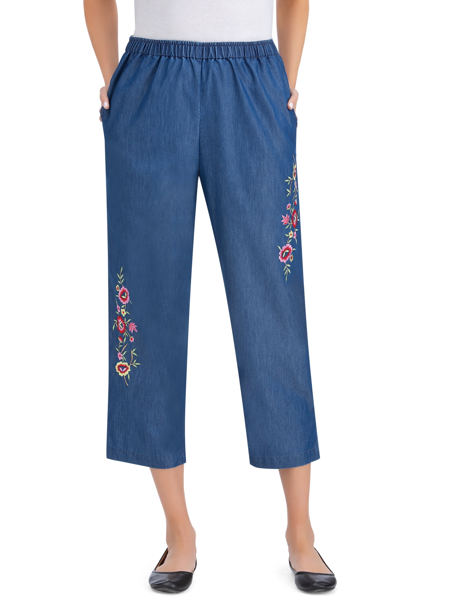 Floral Embroidered Denim Pull on Capri Pants for Ladies with Elastic Waist Stretch - Walmart.com