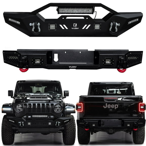Vijay Front and Rear Bumper for 2020-2021-2022-2023-2024-2025 Jeep Gladiator JT with D-rings and Aluminum LED Lights