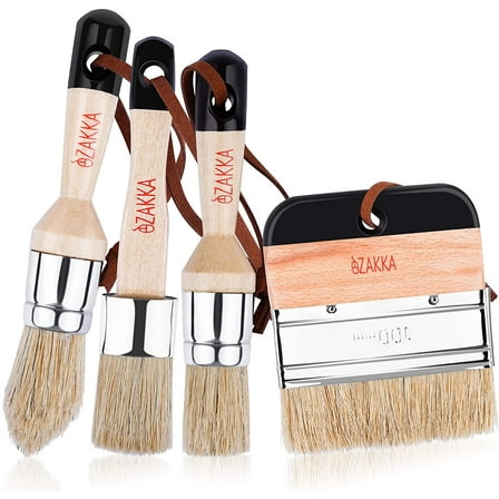 eZAKKA Chalk and Wax Paint Brushes, Bristle Stencil Professional Brushes for Furniture Wood Home Decor, Including Flat Pointed Round Large Flat Chalked Paint Brushes