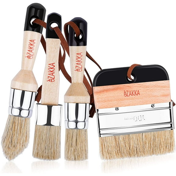 eZAKKA Chalk and Wax Paint Brushes, Bristle Stencil Professional Brushes for Furniture Wood Home Decor, Including Flat Pointed Round Large Flat Chalked Paint Brushes