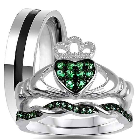 His Her Trio Wedding Ring Set 3 PCS Simulated Emerald Bridal Set Silver Black 316L Steel Men Women