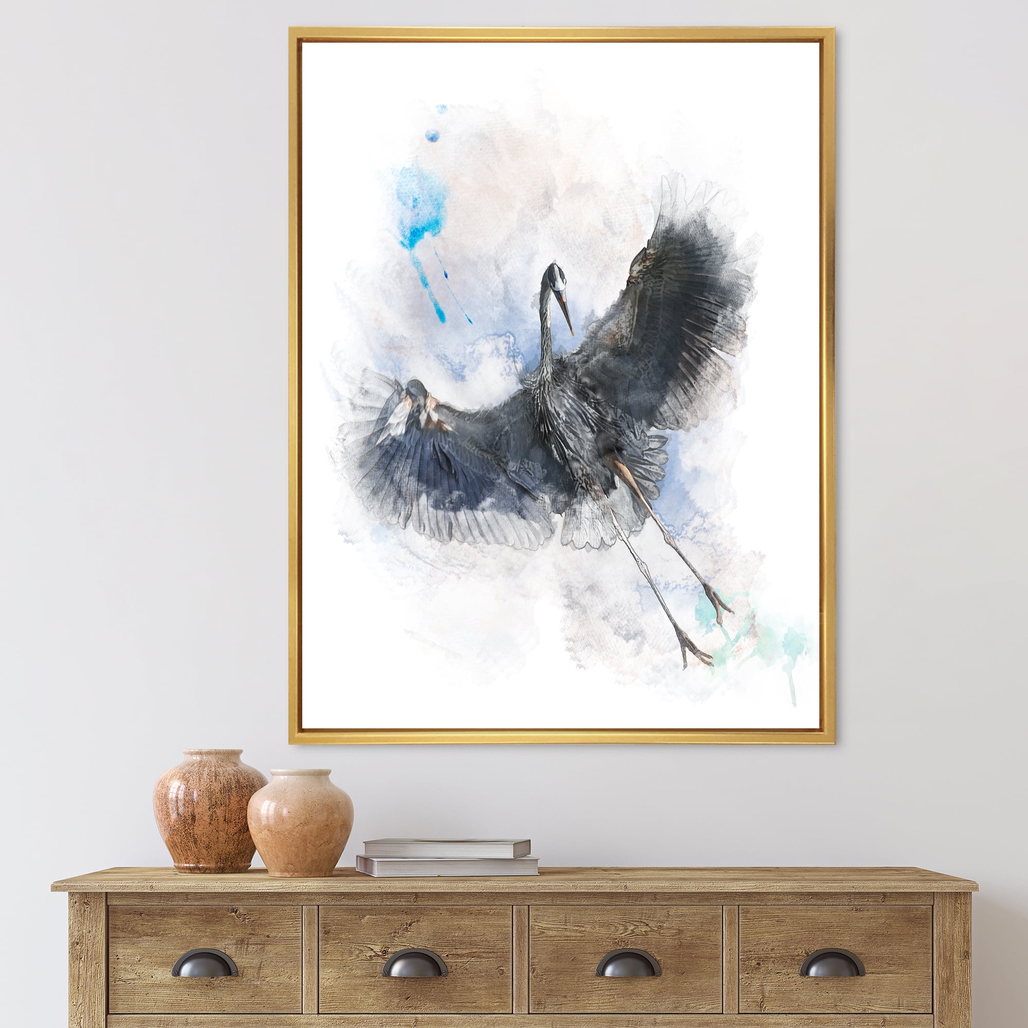 Great Dark Blue Heron Bird Illustration 12 in x 20 in Framed Painting Canvas Art Print, by Designart
