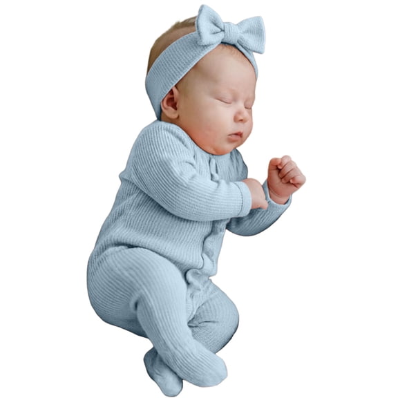 Tfken Baby Girl Onesie Long Sleeve Fall Winter Comfy Casual Bodysuit With Headband Daily Wear Soft Kids Classic Clothes Size 0-3 Months Blue