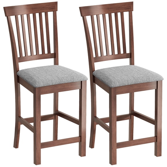 Set of 2 Counter Height Bar Stools, Rubberwood Kitchen Chairs with High Back and Padded Gray Fabric Seat, Dark Brown Dining Room Stools for 35-39 Inch Kitchen Island Counters