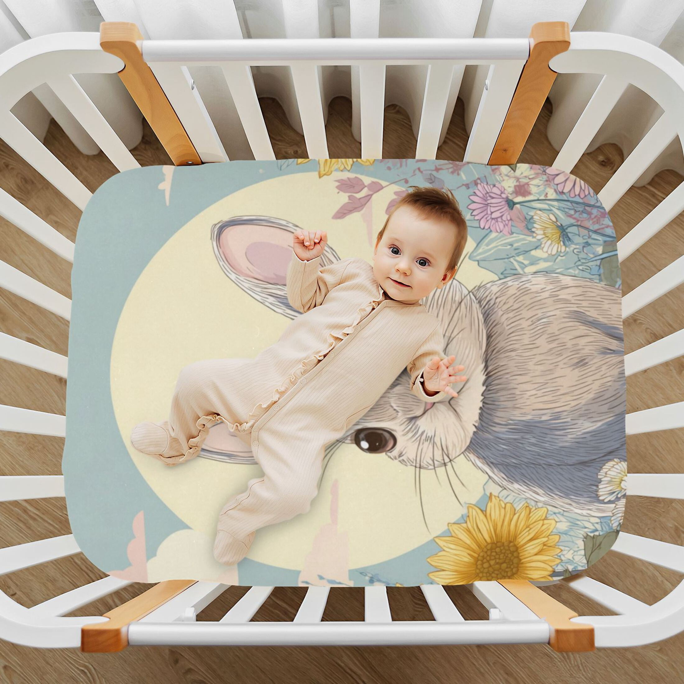 Baby Essentials 52”x 28”- Standard Cotton-like Modal Elastic- Cute Cartoon Rabbit Design Crib Sheets for Newborns and Toddlers