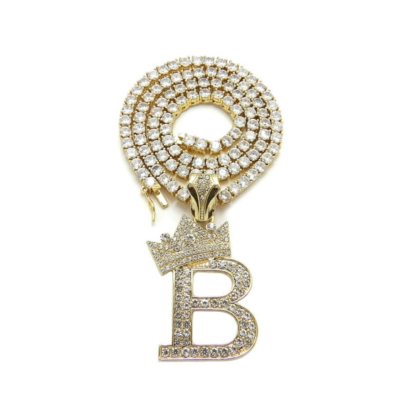 iJewelry2 Kings and Queens Crowned Initial Letter B Pendant Gold-tone CZ Tennis Chain Necklace 18''