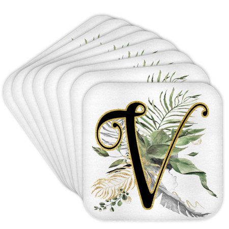 3drose, Fancy Monogram Initial V on Green Tropical Leaves, Set of 8 Coasters - Cork