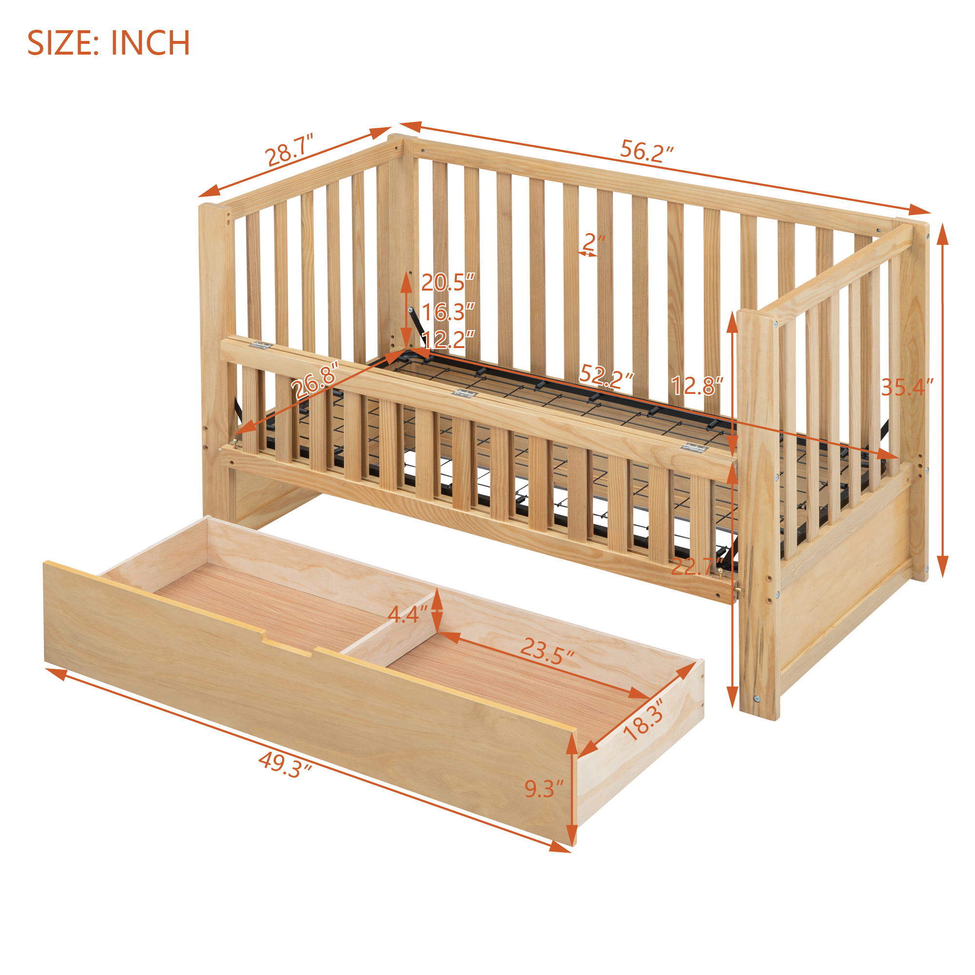 Euroco 3in1 Convertible Crib, Baby Crib with Drawers, Wood and Metal