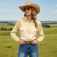 thumbnail image 2 of Womens Western Cowboy Shirts Cowgirl Country Style Floral Embroidery Button Down Shirt Long Sleeve Snap Beige Tops L, 2 of 3