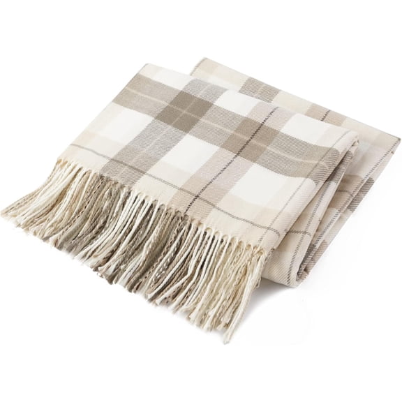 Fall Plaid Throw Blanket for Couch, Farmhouse 49"x63" | Lightweight Beige Blanket, Super Soft WovenThrow with Tassels, Cozy, Neutral Decor Home
