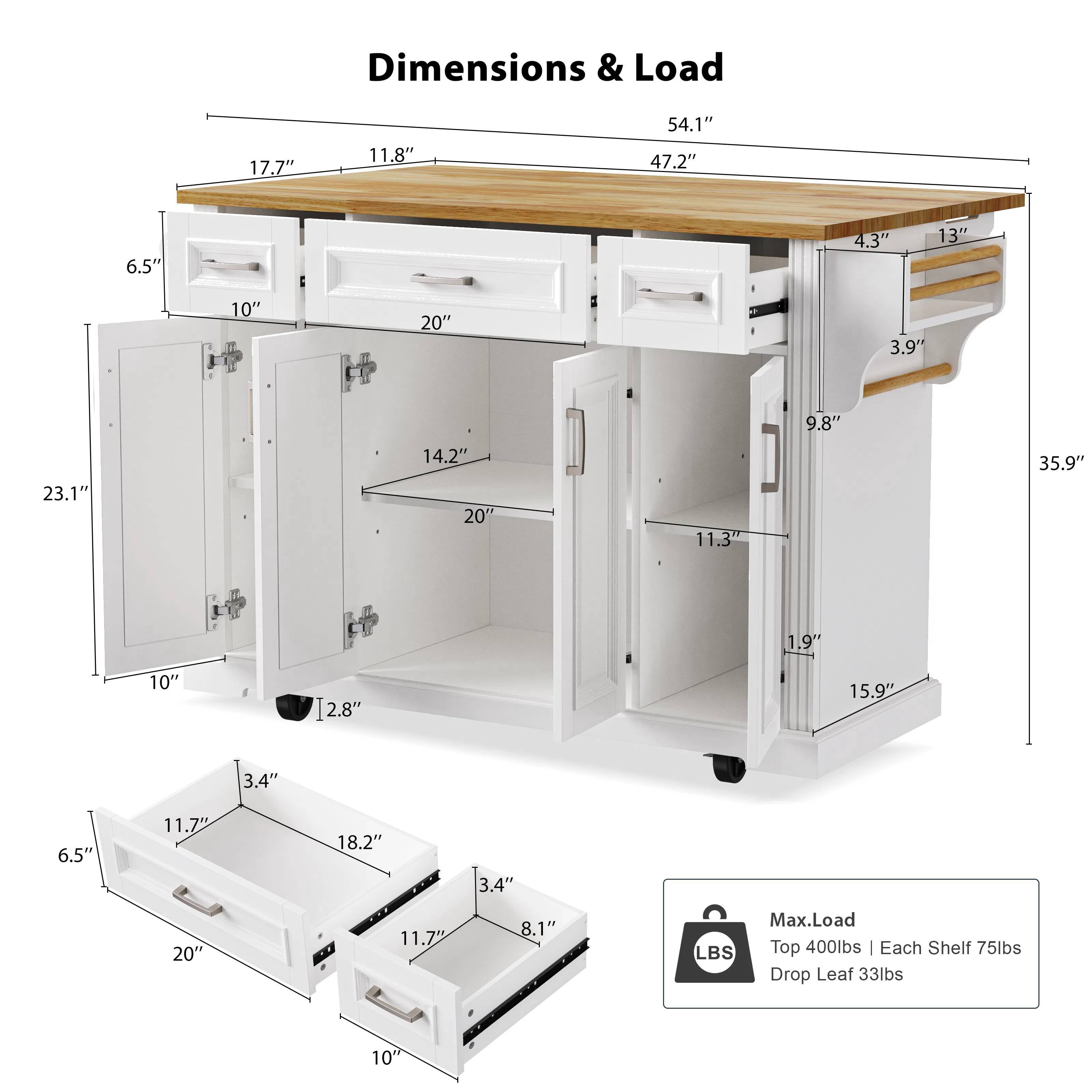 EUROCO 54" Large Kitchen Island with Rubber Wood Drop Leaf,Embossed Texture Rolling Kitchen Cart on Wheels with 4 Doors and 3 Drawers,Kitchen Island with Storage for Kitchen, Dining Room,White