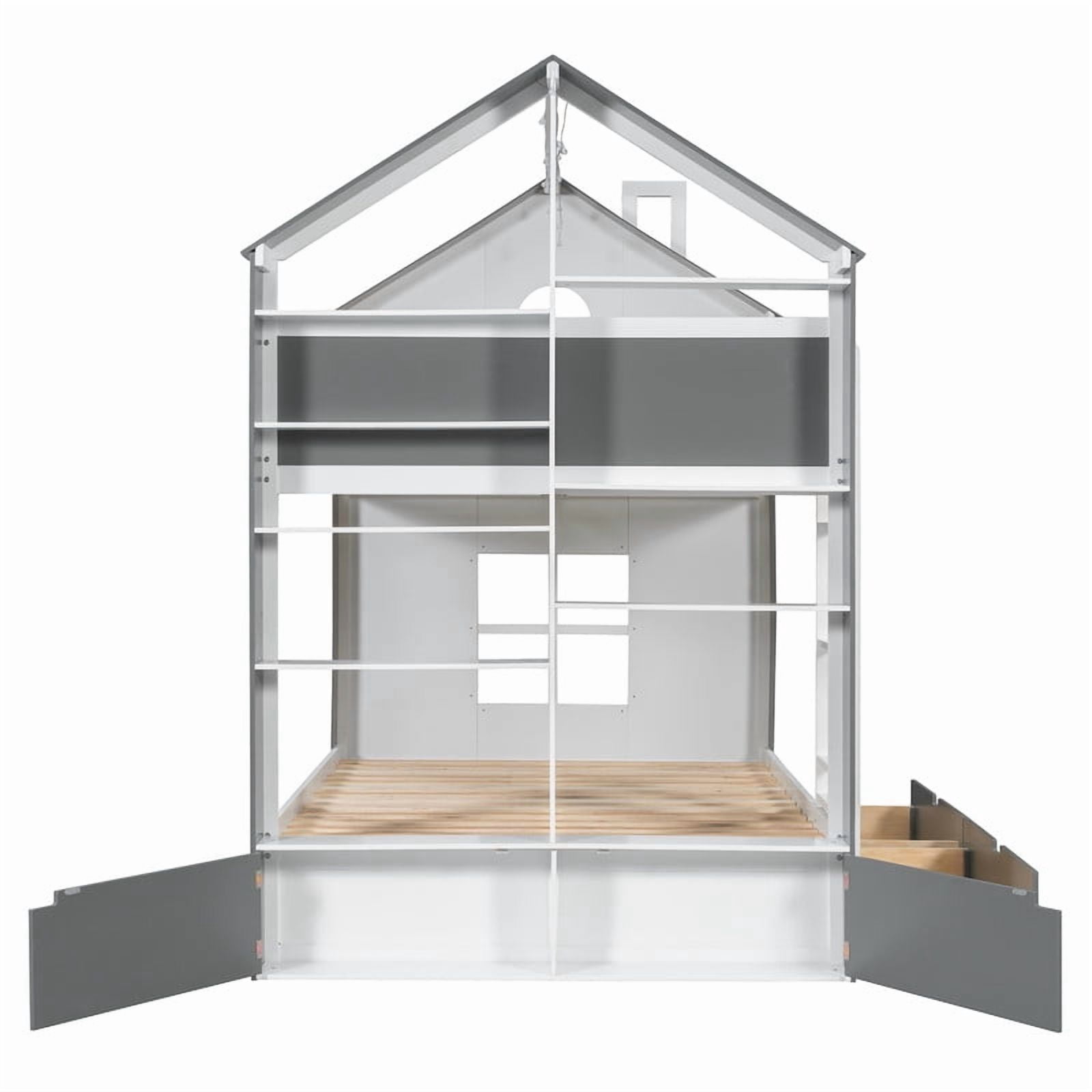 Full-Over-Full Two-Tone Accent Bunk Bed Frame with Cabinet, Drawers & Shelves, Modern Storage Kids Bed with LED Light Strip