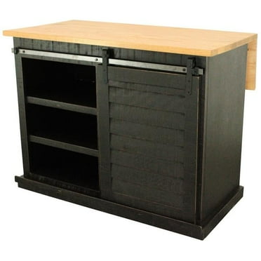 American Heartland 35117RBKOT Rustic Shutter Door Kitchen Island in Rustic Antique Black with Flip Up Oak Top