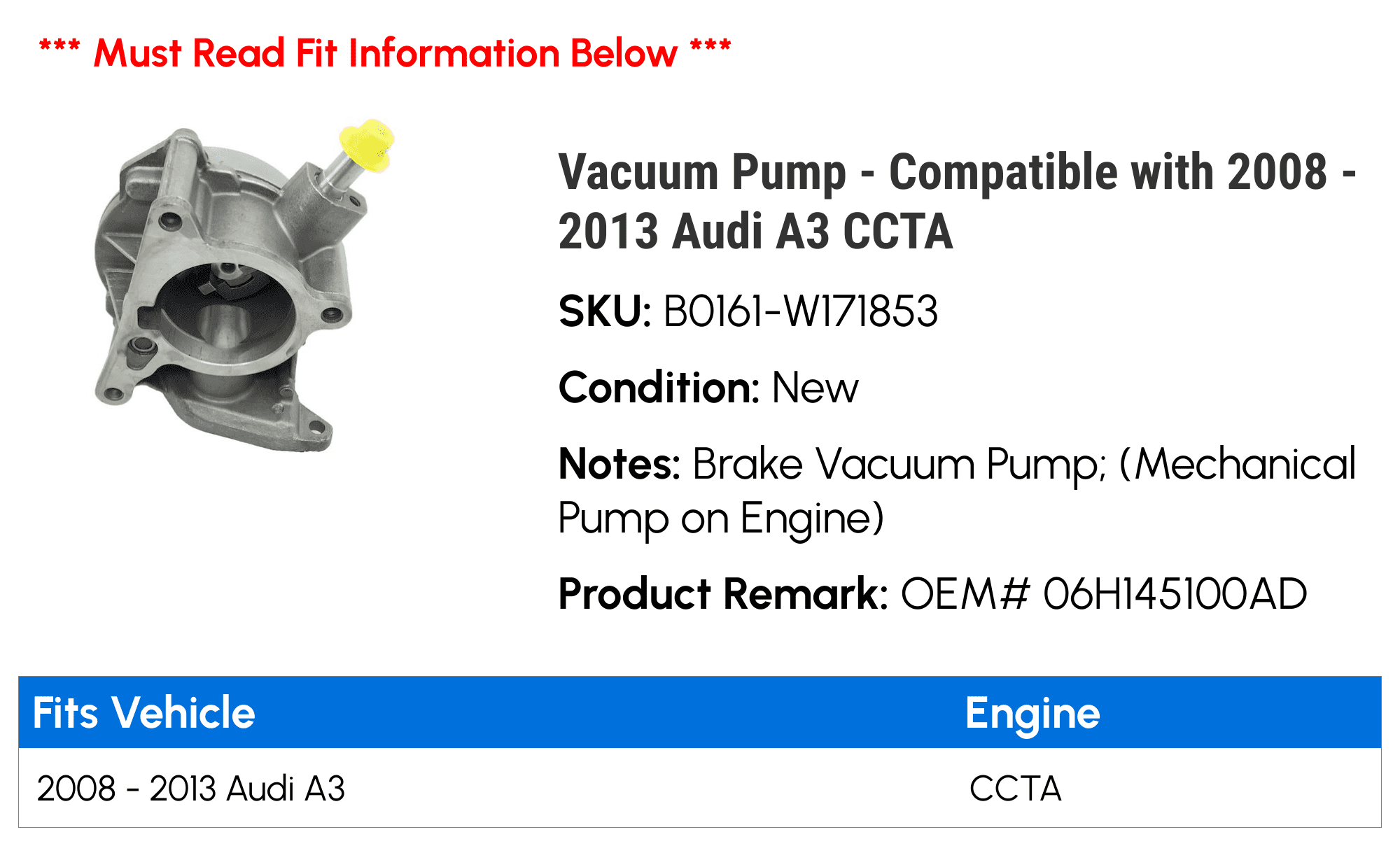 Vacuum Pump - Compatible with 2008 - 2013 Audi A3 CCTA 2009 2010 2011 2012