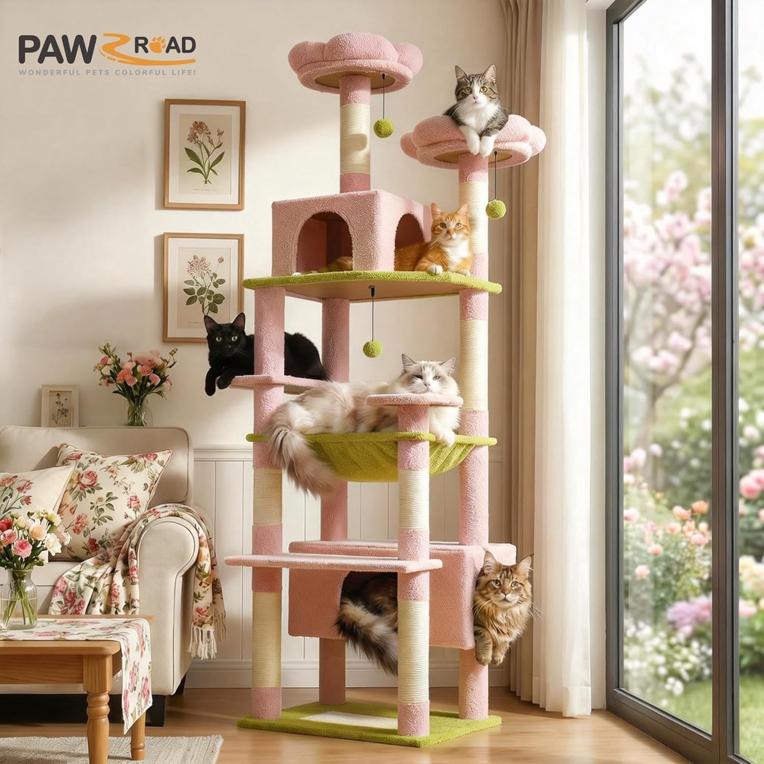 LEHOME Flower Cat Tree, 72 Inches Large Cat Tower with Steel Frame Hammock and 7 Scratching Posts, Tall Cat Tree with 2 Condos and Perches for Large Indoor Cats - Pink