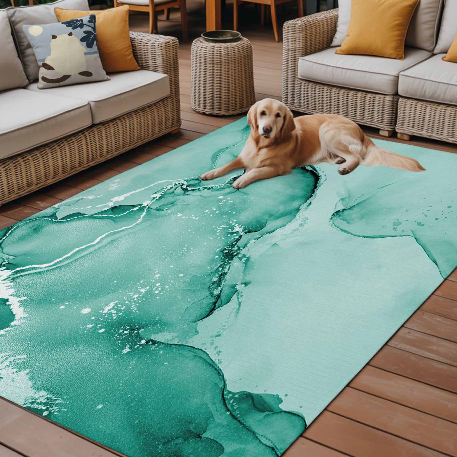 Outdoor Rug 5x8ft Turquoise Marble Large Area Rug Abstract Waves Cloud Indoor Outdoor Carpet Outdoor Rugs Mats for Patio Camping,RV,Front Door, Outside Decor
