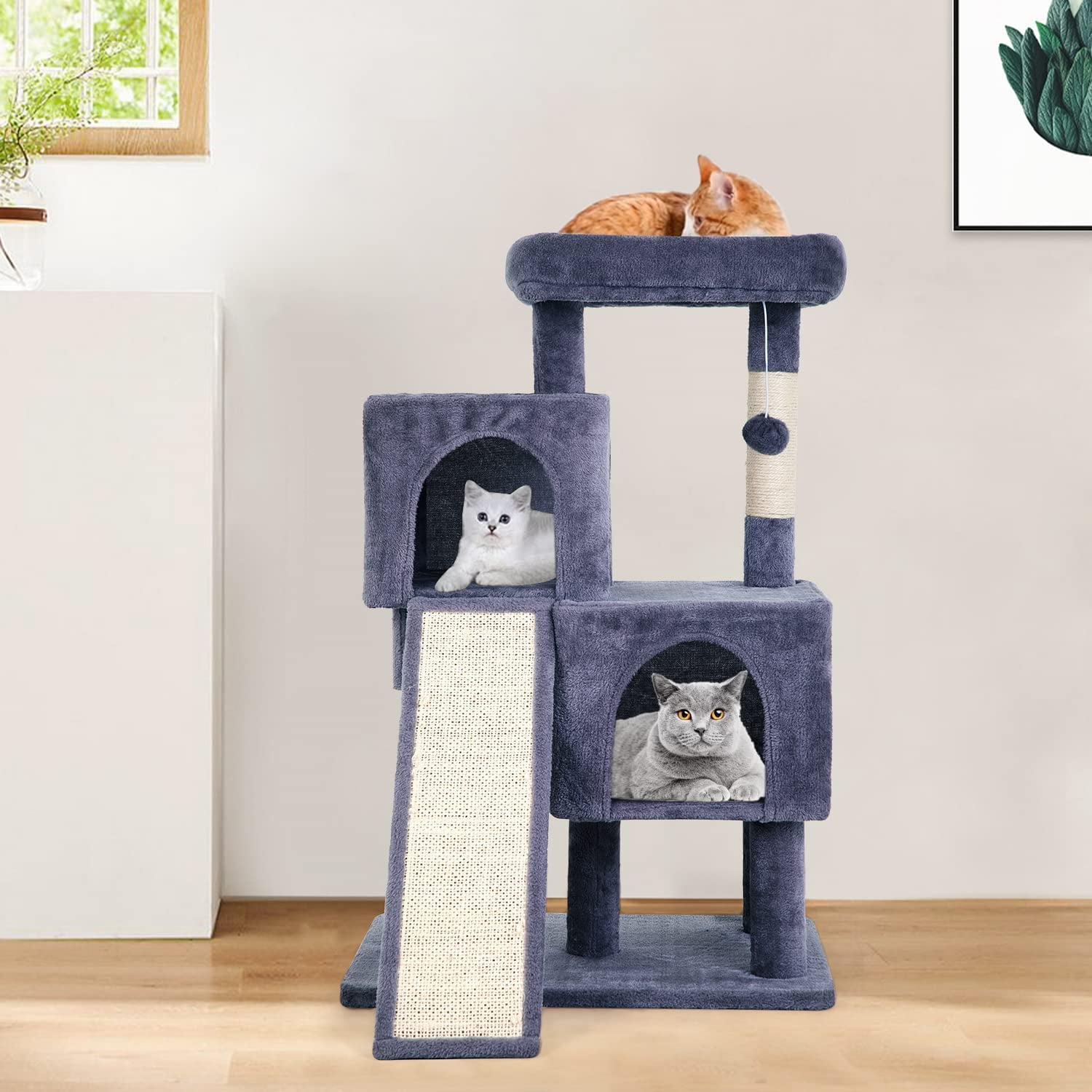 36 inches Cat Tree for Indoor Cats Cat Tower with Scratching Posts Multi-Level Cat Furniture Condo with Ramp Perch Spacious Cat Cave (Dark Grey)