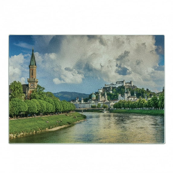 European Cutting Board, Historic Print European of Salzburg Land with Cloudy Sky and River in Austria, Decorative Tempered Glass Cutting and Serving Board, Small Size, Multicolor, by Ambesonne