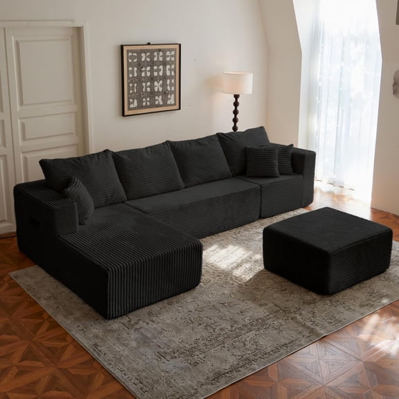 133.86" U-Shaped Corduroy Modular Sectional Sofa with Movable Ottoman, Boneless Cloud Couch, Storage Pockets, No-Assembly Design, Modern Living Room Furniture，Black