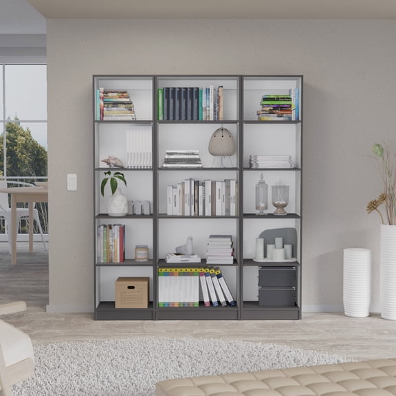 LiviNest 3 Piece Bookcase Set: Modern Storage Shelf with 15 Shelves & Metal Frame - Home Office Furniture for Remote Workers & Small Spaces