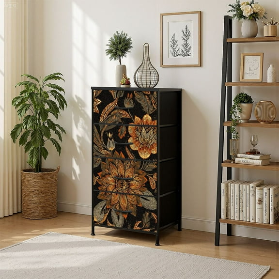 4 Drawer Vertical Storage Dresser Floral texture effect Indian ornament decorative with Wood Top Fabric Pull Drawers